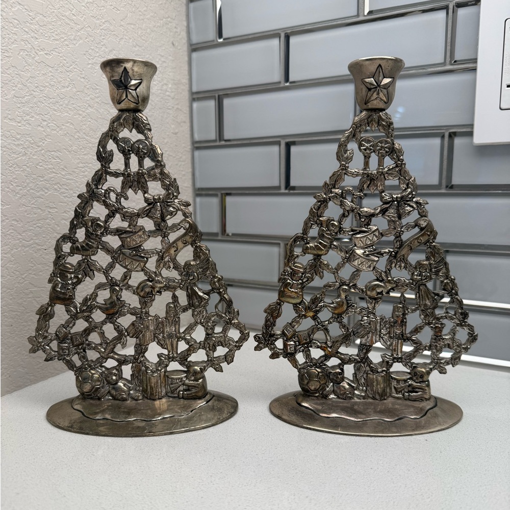 Vintage Enesco Silver Plated Christmas Tree Candle Holders Filigree-style Retro - Picture 4 of 16